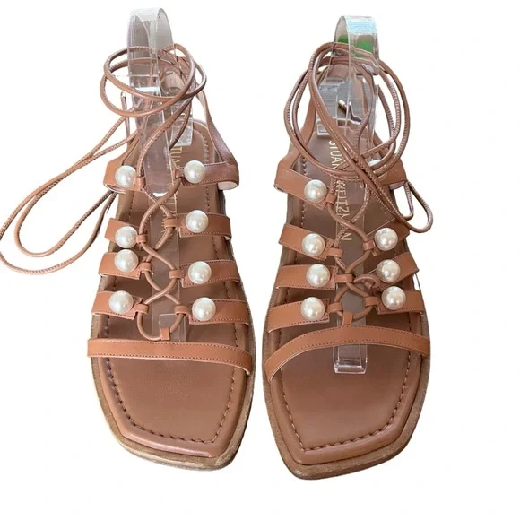 Stuart Weitzman Goldie Lace-Up Pearl Embellished Sandal Size 10AA - Picture 1 of 12